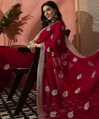 Red floral embroidered saree with blouse 1