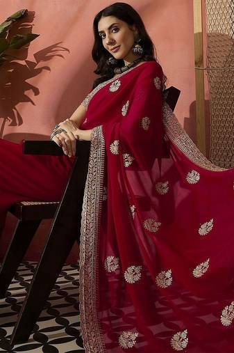 Red floral embroidered saree with blouse