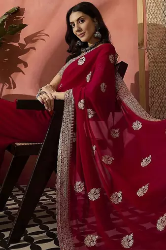 Red floral embroidered saree with blouse