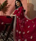 Red floral embroidered saree with blouse