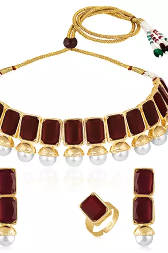 Maroon synthetic stone & pearl studded necklace earrings maangtikka