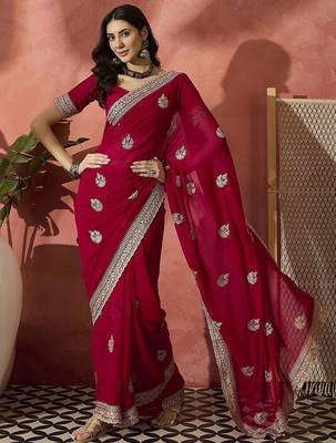 Red floral embroidered saree with blouse 2