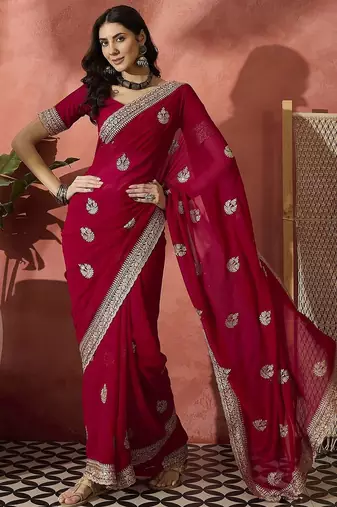 Red floral embroidered saree with blouse