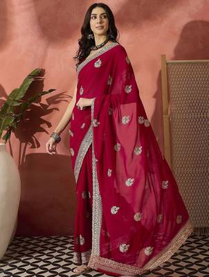 Red floral embroidered saree with blouse 3