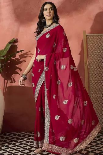 Red floral embroidered saree with blouse
