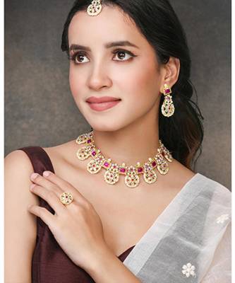 Women's pink synthetic stone cubic zirconia & beads studded necklace dangle 1