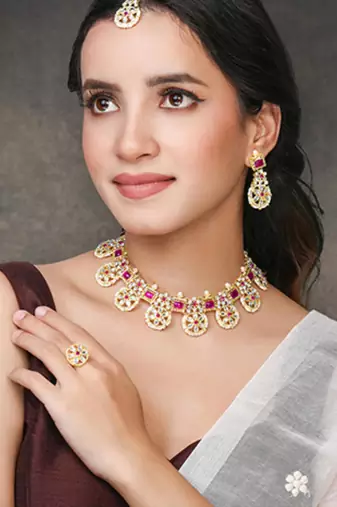 Women's pink synthetic stone cubic zirconia & beads studded necklace dangle