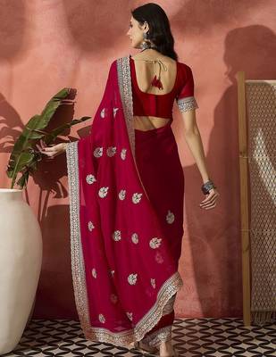 Red floral embroidered saree with blouse 4