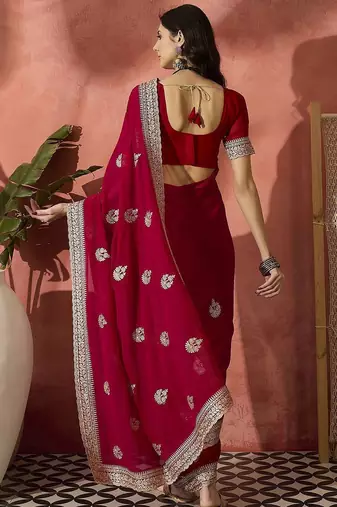 Red floral embroidered saree with blouse