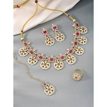 Women's pink synthetic stone cubic zirconia & beads studded necklace dangle 2