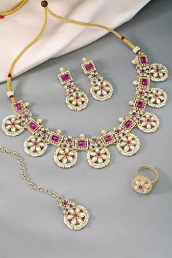 Women's pink synthetic stone cubic zirconia & beads studded necklace dangle