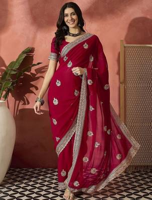 Red floral embroidered saree with blouse 5