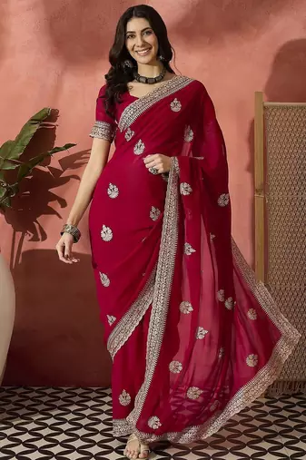 Red floral embroidered saree with blouse