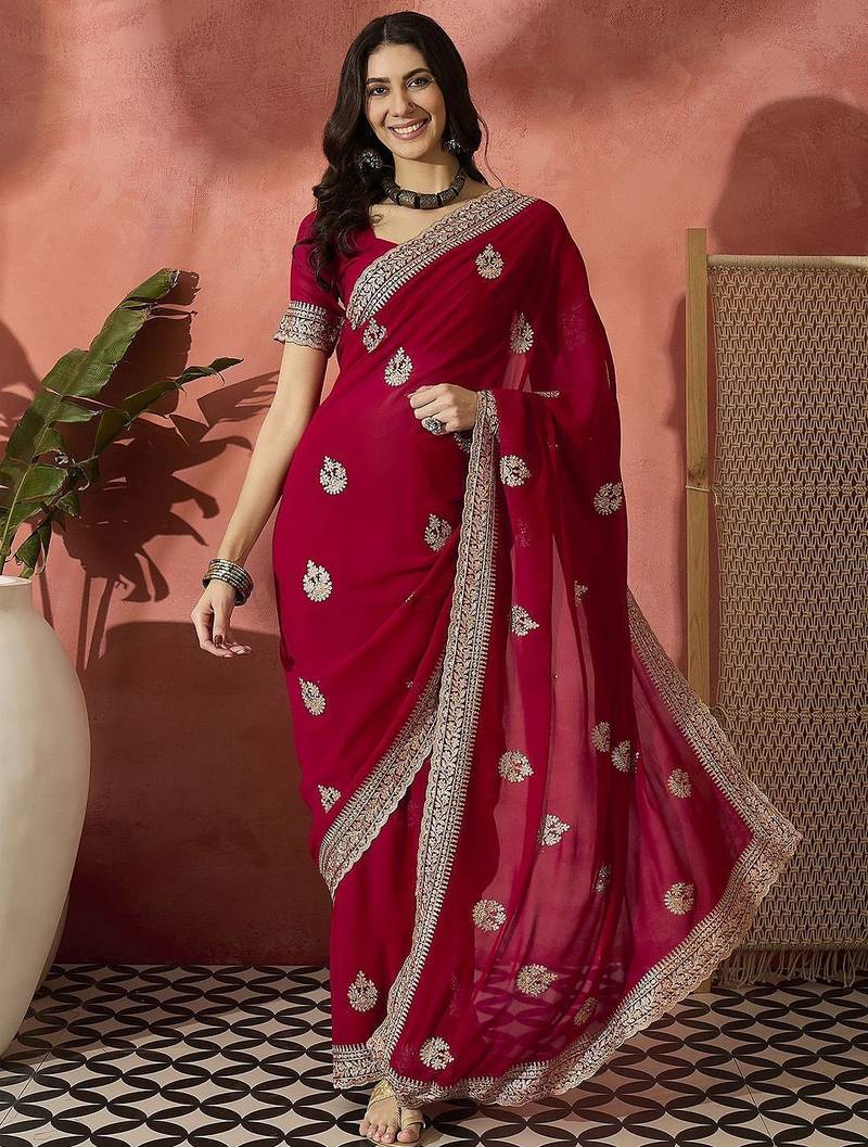 Red floral embroidered saree with blouse