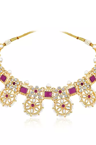 Women's pink synthetic stone cubic zirconia & beads studded necklace dangle