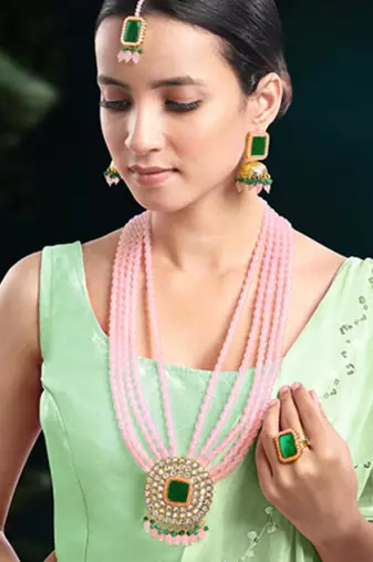 Gold plated pink & green kundan beads and synthetic stone studded