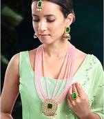 Gold plated pink & green kundan beads and synthetic stone studded