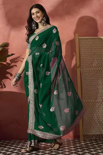 Green embroidered saree with blouse