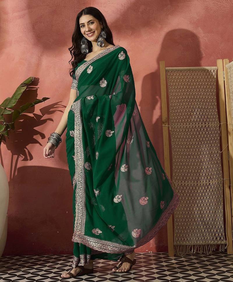 Green embroidered saree with blouse