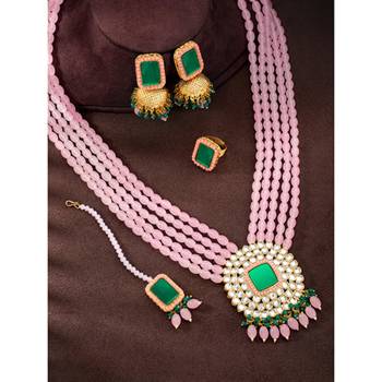 Gold plated pink & green kundan beads and synthetic stone studded 2