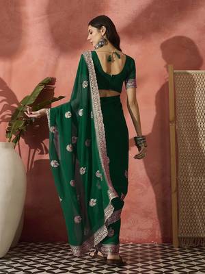Green embroidered saree with blouse 3