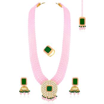 Gold plated pink & green kundan beads and synthetic stone studded 3