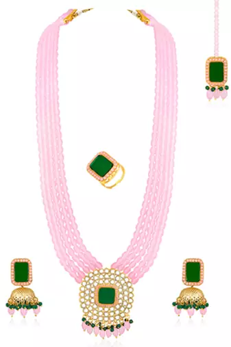 Gold plated pink & green kundan beads and synthetic stone studded