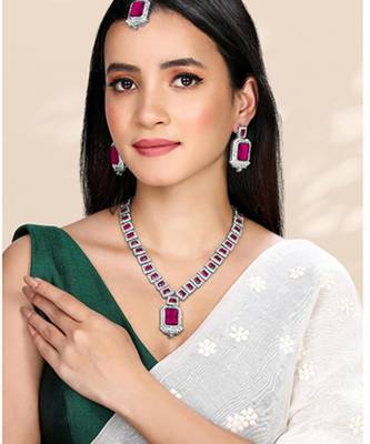 Silver plated rani pink cubic zirconia & synthetic stone studded 1
