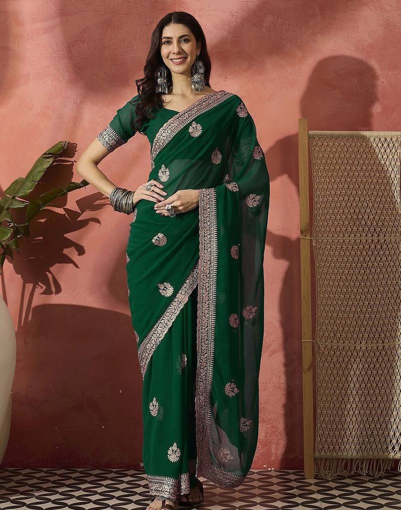 Green embroidered saree with blouse