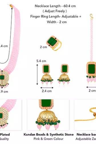 Gold plated pink & green kundan beads and synthetic stone studded