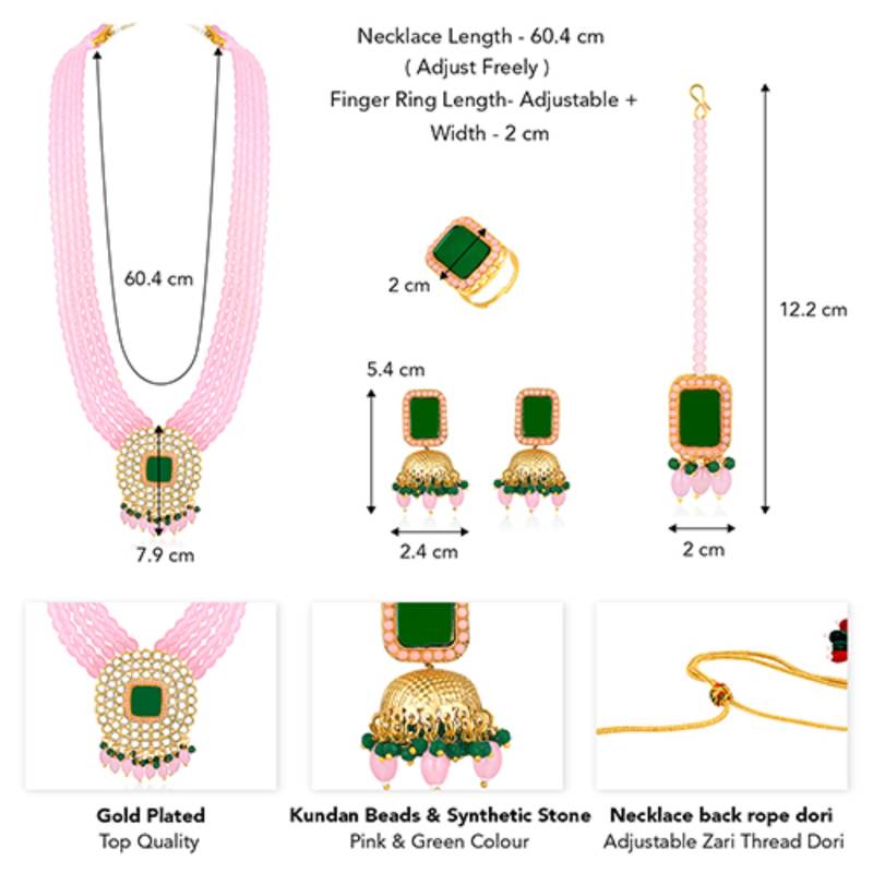 Gold plated pink & green kundan beads and synthetic stone studded