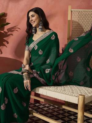 Green embroidered saree with blouse 5