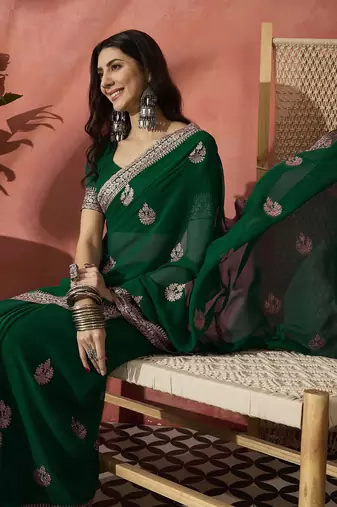 Green embroidered saree with blouse