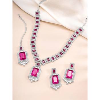 Silver plated rani pink cubic zirconia & synthetic stone studded 2