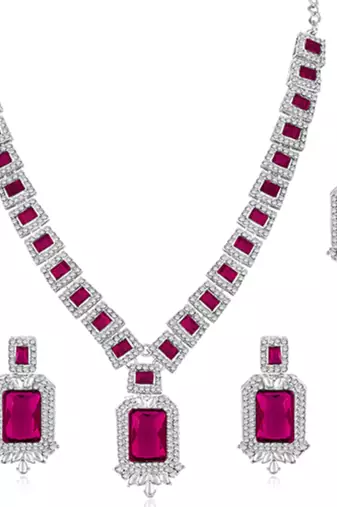 Silver plated rani pink cubic zirconia & synthetic stone studded