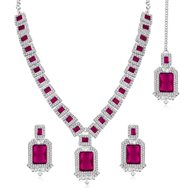 Silver plated rani pink cubic zirconia & synthetic stone studded