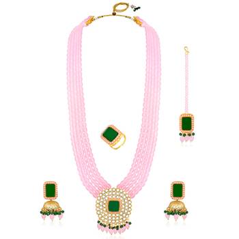 Gold plated pink & green kundan beads and synthetic stone studded 5