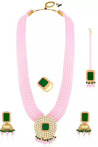 Gold plated pink & green kundan beads and synthetic stone studded
