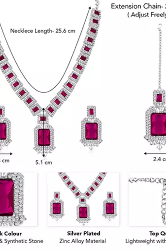 Silver plated rani pink cubic zirconia & synthetic stone studded