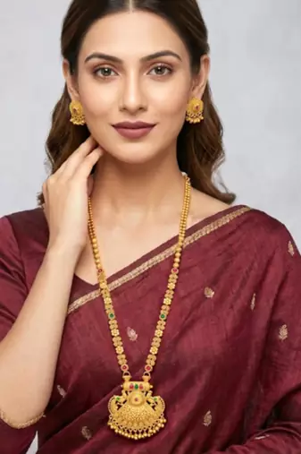 Long necklace earrings south maharani haar temple jewelry set for