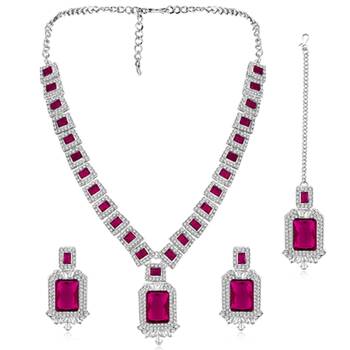 Silver plated rani pink cubic zirconia & synthetic stone studded 5