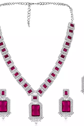 Silver plated rani pink cubic zirconia & synthetic stone studded