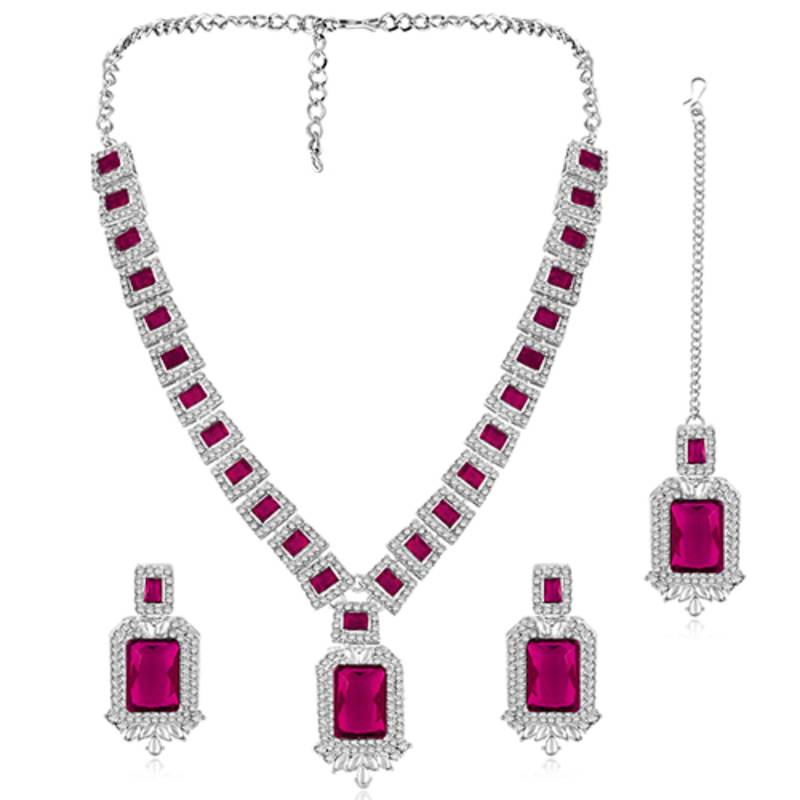 Silver plated rani pink cubic zirconia & synthetic stone studded