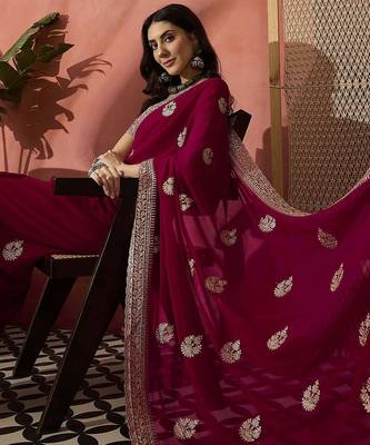 Pink ethnic motifs embellished  georgette saree 5
