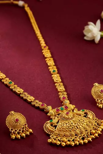 Long necklace earrings south maharani haar temple jewelry set for