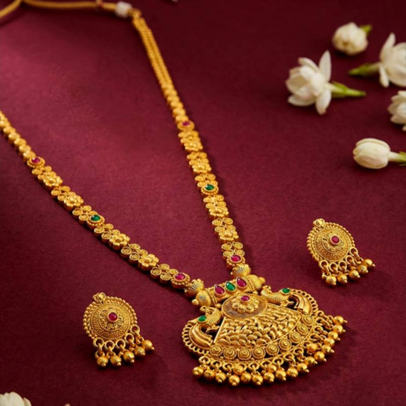 Long necklace earrings south maharani haar temple jewelry set for