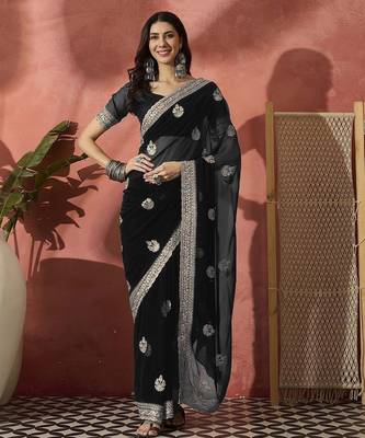 Black ethnic motifs embroidered saree 1