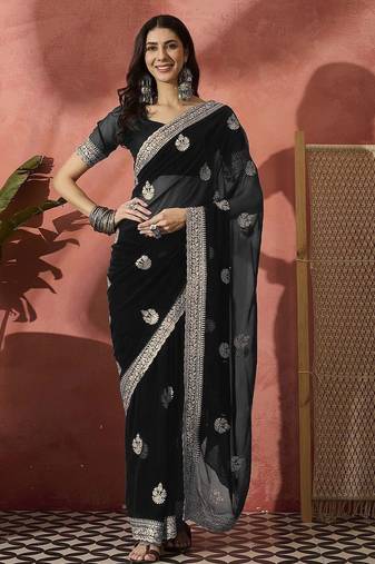 Black ethnic motifs embroidered saree