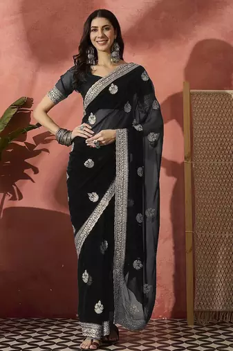 Black ethnic motifs embroidered saree