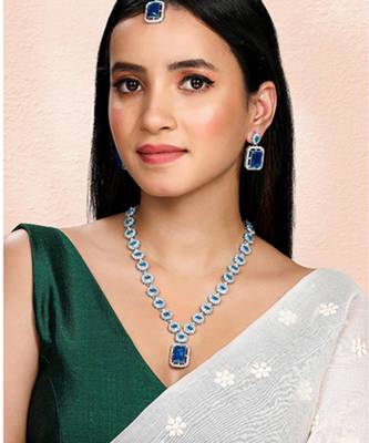 Silver plated blue synthetic stone & cubic zirconia studded necklace 1